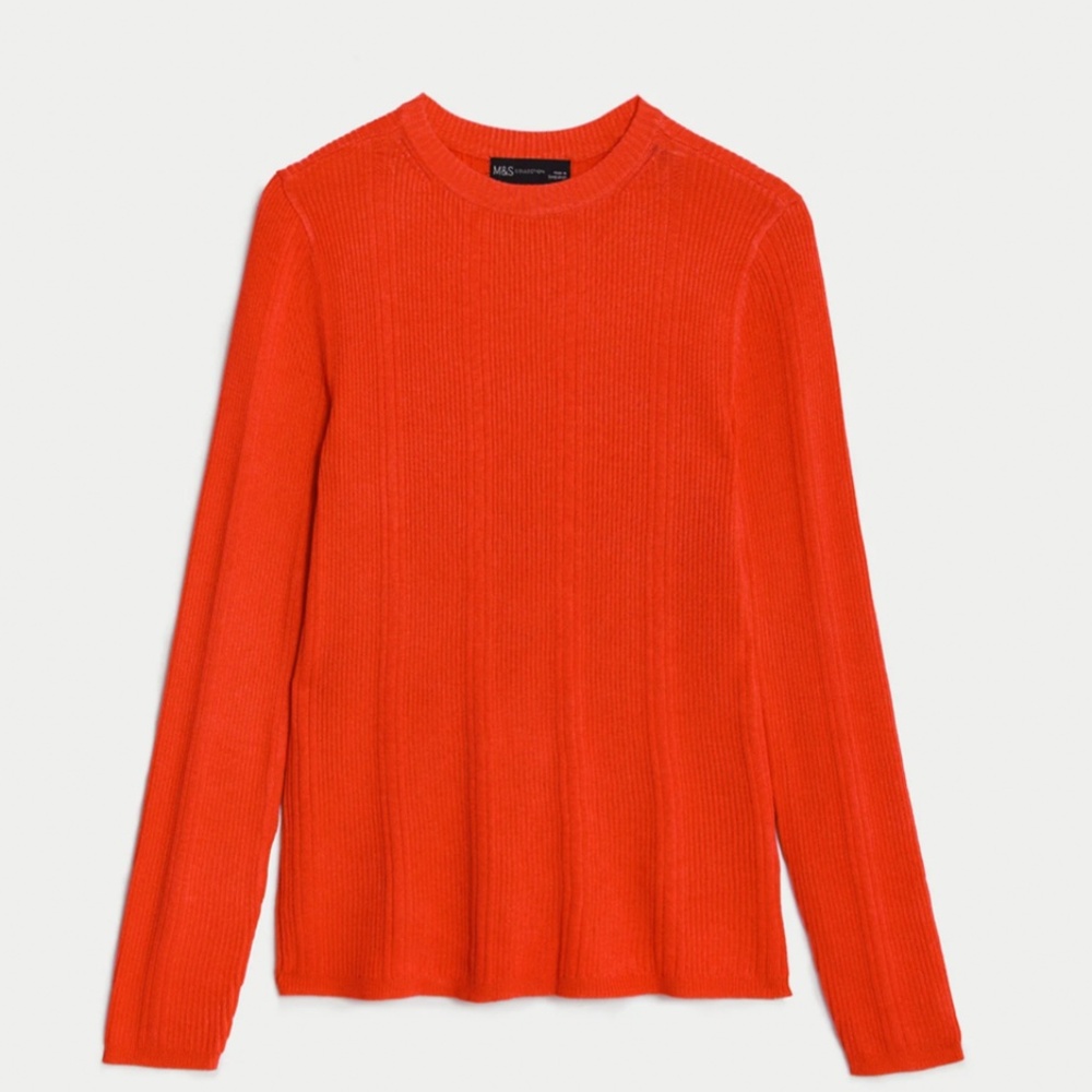 Red Ribbed Crew Neck Fitted Knitted Top, Size S, 82% viskose, M&S